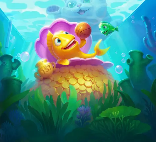 Poisson doré souriant assis dans une coquille violette remplie de pièces d’or, tenant un ballon et un trophée marqué “1st”, tandis qu’un chat observe à travers l’aquarium et un petit poisson vert nage à proximité.