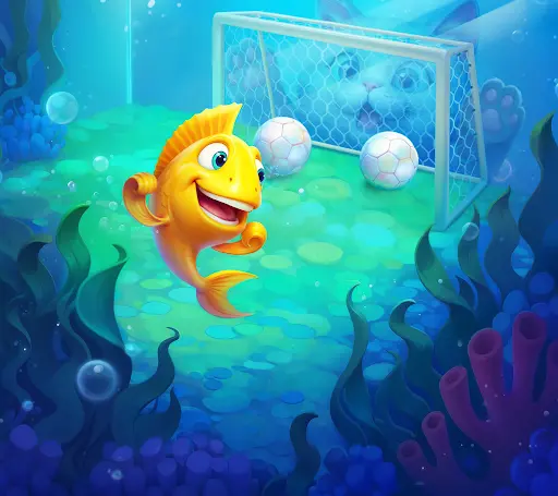 Poisson doré joyeux jouant au football sous l’eau devant un but avec deux ballons, tandis qu’un chat observe à travers la vitre de l’aquarium.