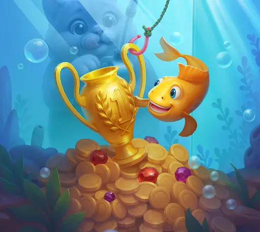 Poisson doré souriant tenant un trophée doré marqué du numéro 1 au-dessus d’un tas de pièces et de gemmes, tandis qu’un chat observe curieusement à travers l’aquarium.